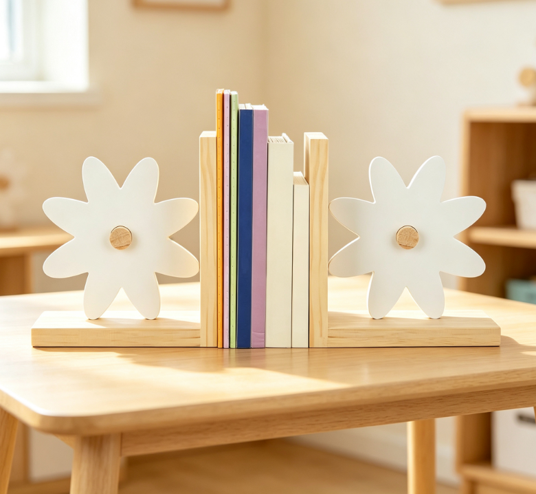 Daisy-Shaped Wooden Bookends – Pink Rainbow, Moon, & Cloud Elements (Set of 2) - Image 2